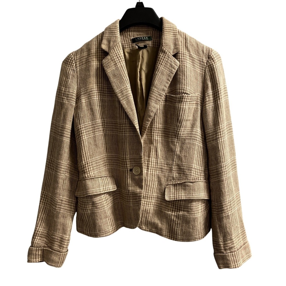 Lauren Ralph Lauren Blazer Brown Plaid 100% Plaid Jacket Size 8 Preppy Old Money